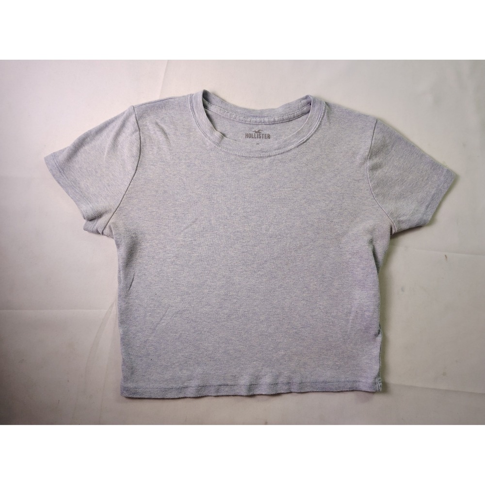 Hollister Ribbed Crop Baby Tee Sz M Blue Grey Y2K Crewneck Slim Fit Shrunken Top